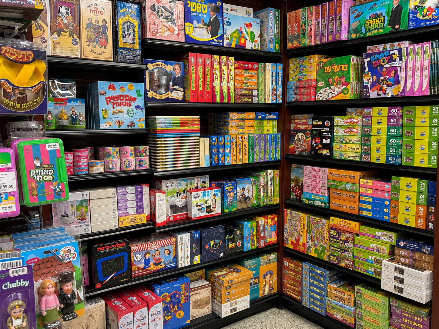 Shelves of games, puzzles and toys at Mivchar Judaica